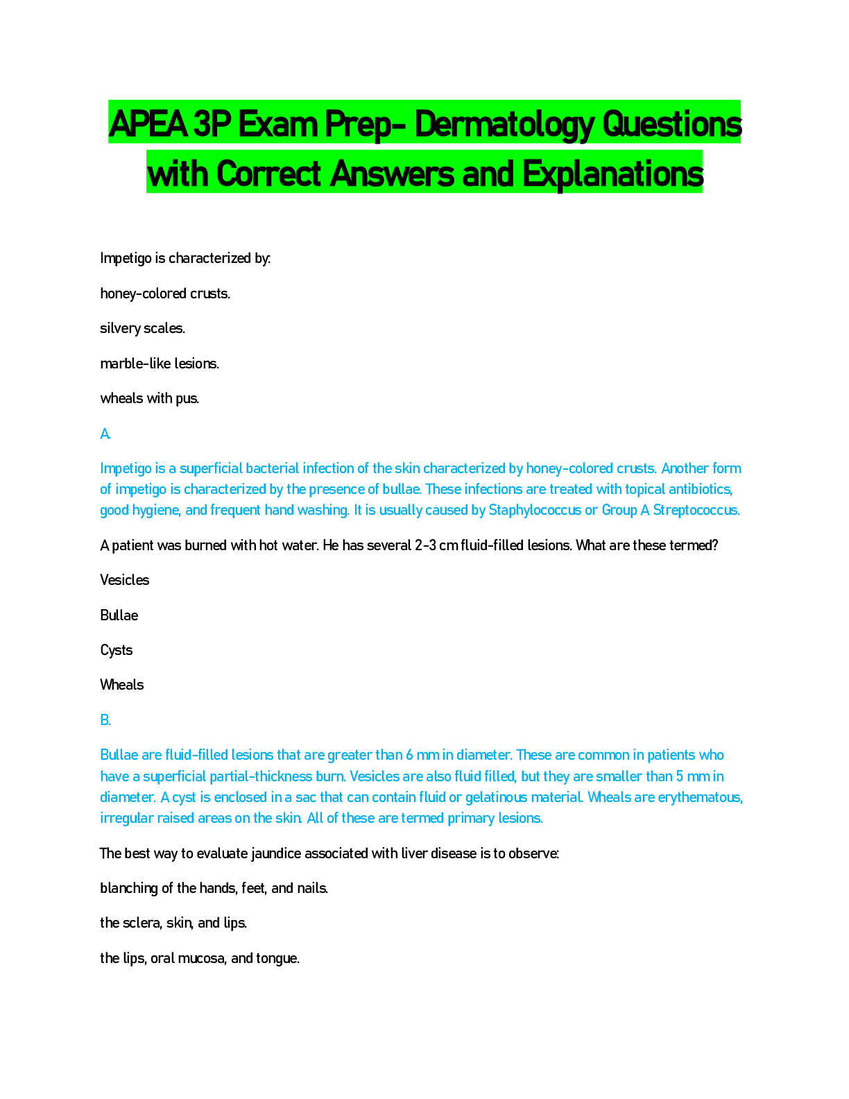 Preview image for APEA 3P Exam Prep- Dermatology Questions with Correct Answers and Explanations